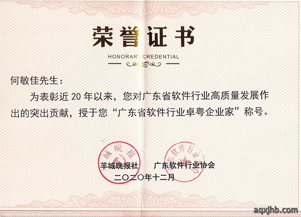  广东省软件行业卓粤企业家--何敏佳